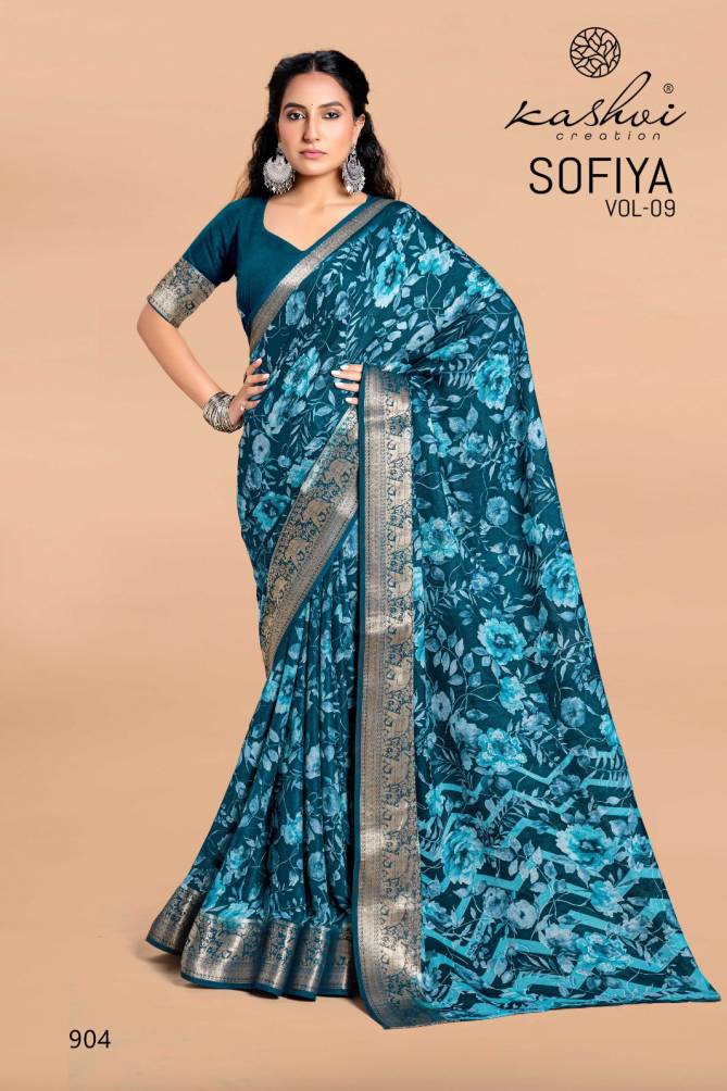 Sofiya Vol 9 By Kashvi Moss Zari Border Printed Saree Wholesale Shop In Surat